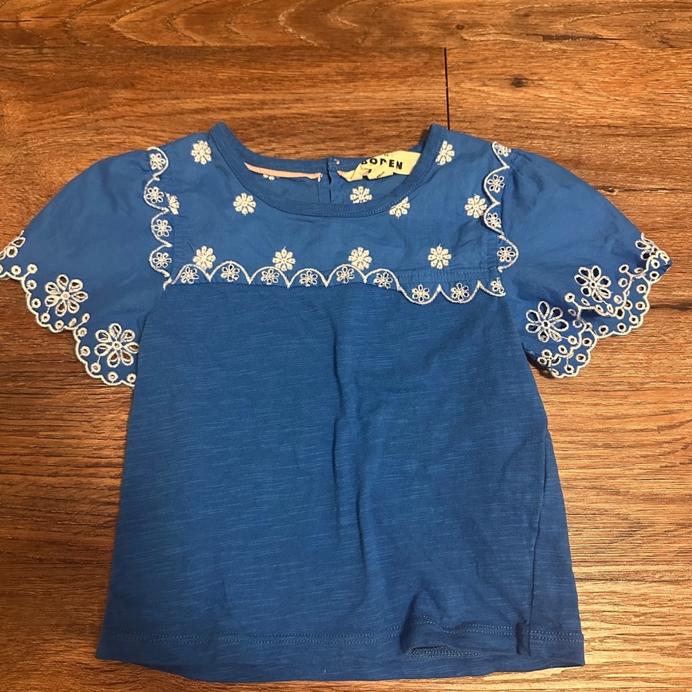 Boden Royal Blue Kids Tee with White Floral Embroidery